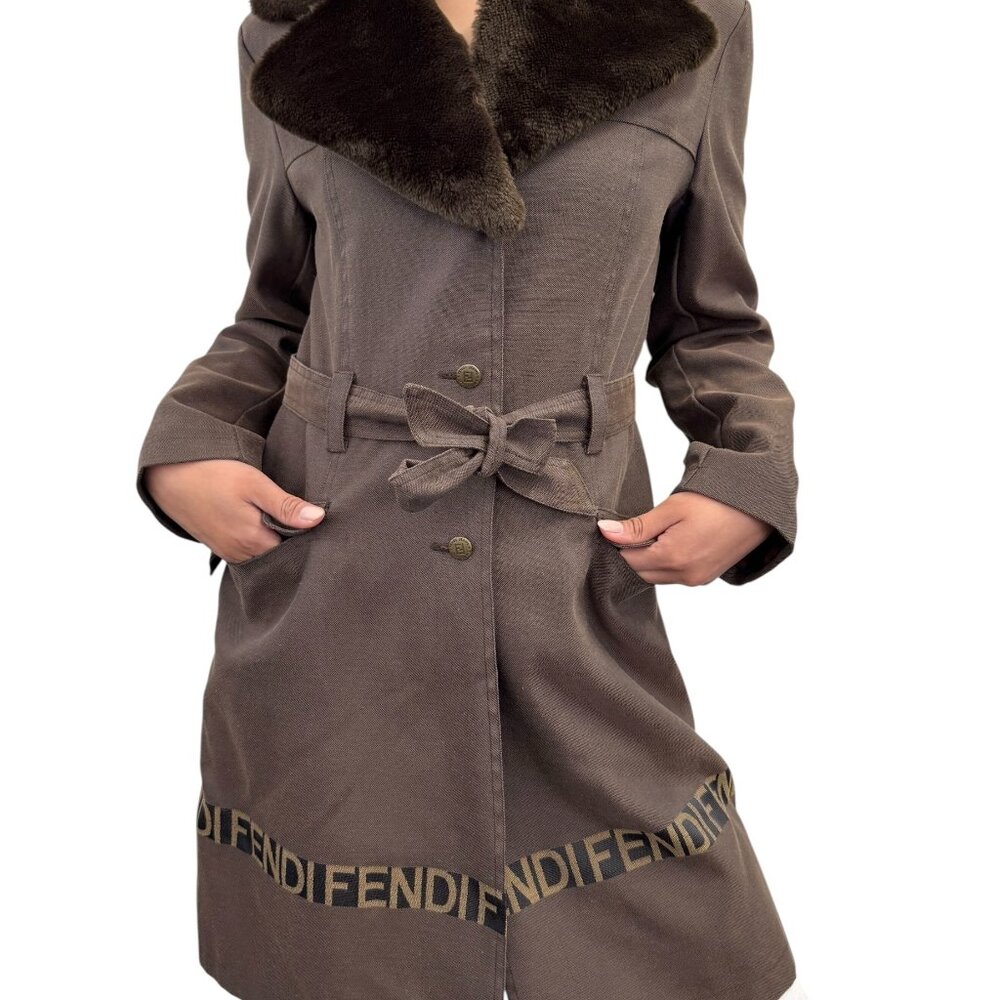 FENDI Vintage FF Logo Fur Belted Long Trench Coat Jacket #38 Brown [106078]